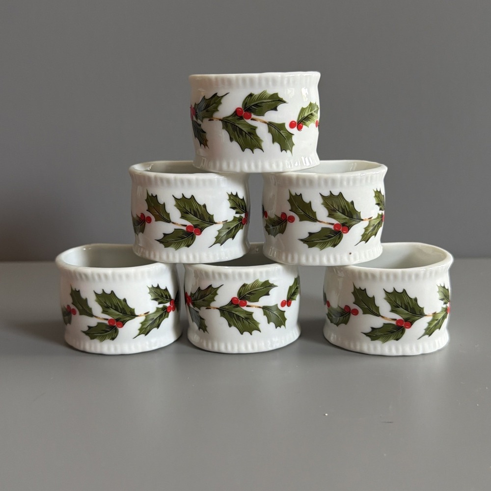 Set of 6 - Vintage 1980s Lefton China Christmas Napkin Rings #05242 w/ Box
